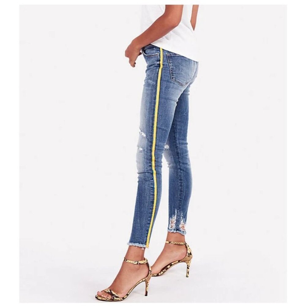 Express Mid-Rise Ankle Skinny Jeans with a Bold Yellow Side Stripe - Size 00